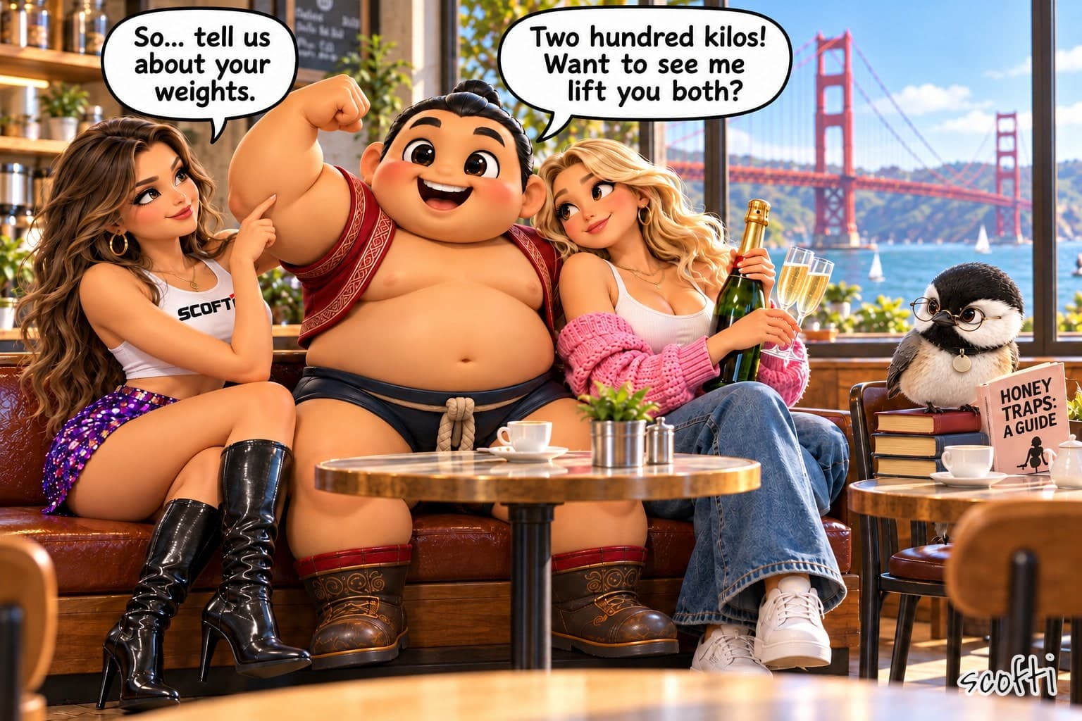 A sunny San Francisco cafe with the Golden Gate Bridge out the window. On a leather bench, a huge round toy wrestler with a topknot, in a short crimson jacket, dark trunks and leather boots, flexes one chubby arm, blushing and beaming. A woman with long wavy brown hair in a white SCOFTI crop top, a purple sequin skirt and black knee boots presses against his side, poking his arm, and says, "So... tell us about your weights." He says, "Two hundred kilos! Want to see me lift you both?" On his other side, a blond woman in a pink cardigan and jeans leans on his shoulder, holding a bottle of Champagne and two glasses. At the next table, a chickadee in round wire spectacles sits on a stack of books with her tea, looking over at them, beside a pamphlet titled HONEY TRAPS: A GUIDE.