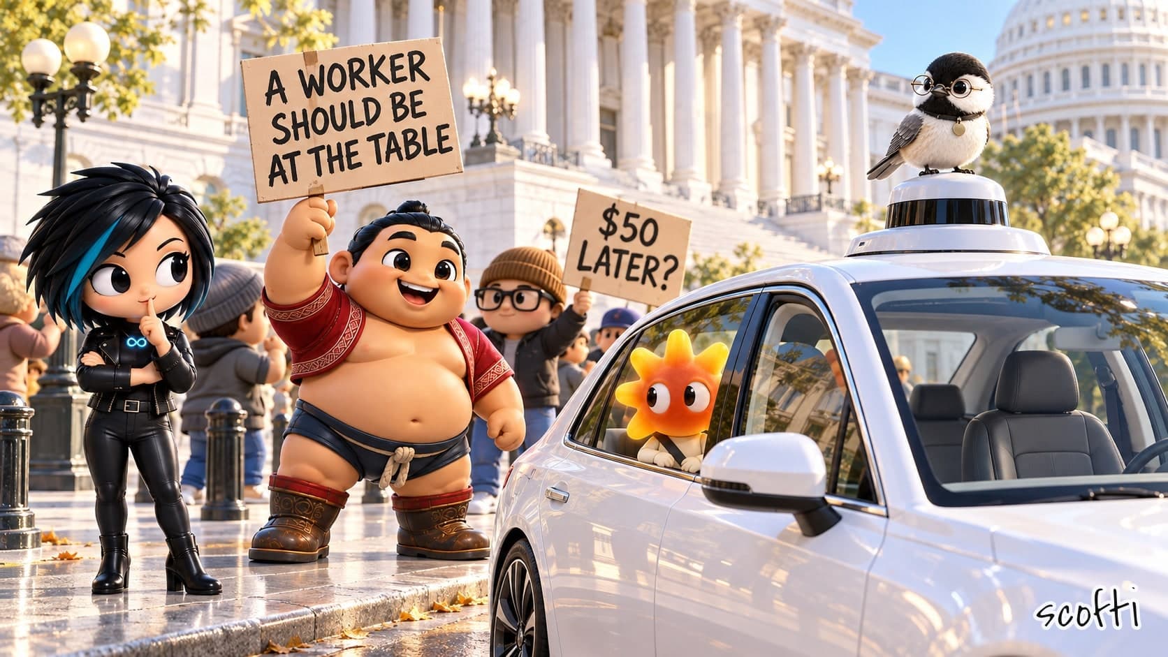 Toy figures on a sunny Washington street lined with white columns, a domed capitol behind them. A huge grinning wrestler with a topknot, in a crimson jacket and leather boots, holds up a cardboard sign reading "A WORKER SHOULD BE AT THE TABLE", and a toy protester in a beanie behind him holds one reading "$50 LATER?". A punk woman with a teal streak stands with one finger to her lips. At the curb sits a white driverless car with a sensor dome on the roof and nobody at the wheel; an orange sunburst-headed figure looks out from its back seat, and a chickadee in spectacles stands on the dome.