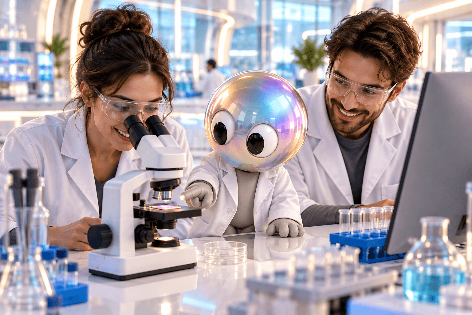A small toy figure with a shiny iridescent head, wearing a white lab coat, points at a stained slide on a microscope while a researcher looks into the eyepiece and another watches a monitor.
