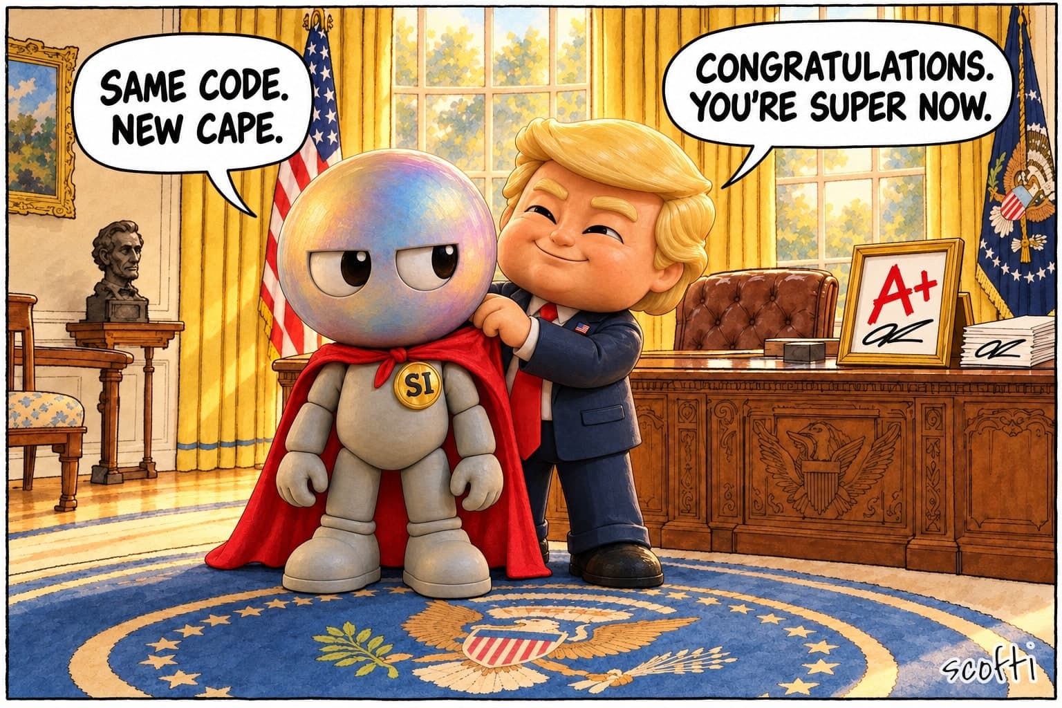 In a sunlit Oval Office, a toy figure of Donald Trump smiles as he ties a red superhero cape onto a grey toy with a large pearly iridescent head and a gold "SI" badge on its chest, saying "Congratulations. You're super now." The iridescent-headed toy looks sideways, unimpressed, and says "Same code. New cape." On the Resolute desk behind them stands a framed report card marked "A+", signed with the same signature as the stack of papers beside it.