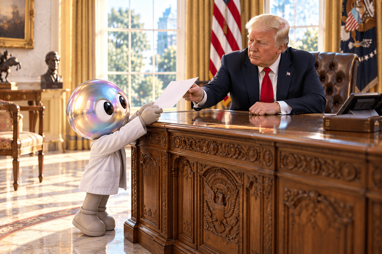A small toy figure with an iridescent head, in a white lab coat, reaches up to hand a blank sheet of paper across the Resolute desk to President Donald Trump, who is seated and taking it.