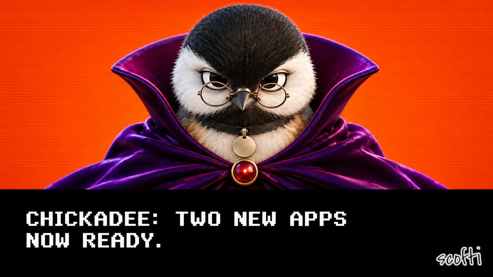 A glossy toy chickadee in round wire spectacles glares over them at the viewer, framed head and shoulders against a flat burnt-orange backdrop. She wears a huge deep-violet villain's cloak with a tall stiff collar, fastened at her chest with a glowing red jewel below the blank metal disc on her collar. Across the bottom, a black bar holds white pixel capitals: "CHICKADEE: TWO NEW APPS NOW READY."