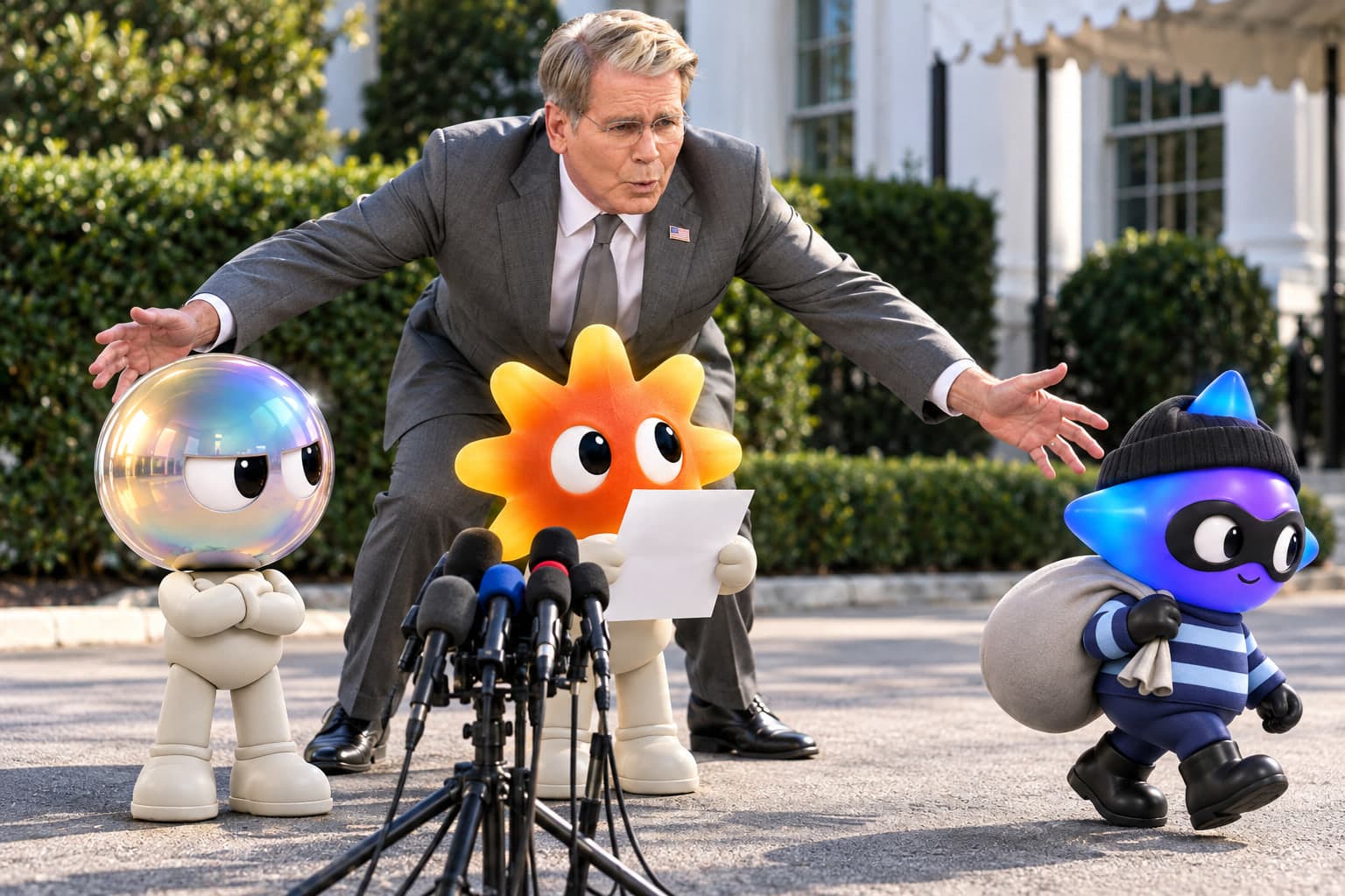A man in a grey suit and rimless glasses bends forward behind a cluster of press microphones with both arms spread wide, mouth open mid-sentence, looking at none of the three small toy figures around him. One with an iridescent head stands with folded arms watching him, one with an orange sunburst head holds a sheet of paper up at the microphones, and one with a blue star head in a beanie and mask walks away carrying a sack.