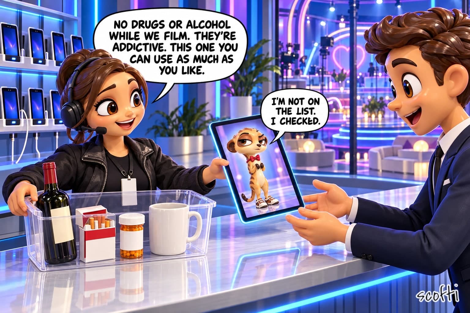 At the check-in desk of a TV dating show, a smiling producer in a headset has a clear bin holding a wine bottle, cigarettes, a pill bottle and a coffee mug. She says, "No drugs or alcohol while we film. They're addictive. This one you can use as much as you like," and hands a tablet to a delighted man in a suit. On the tablet, a meerkat in a red bow tie looks out and says, "I'm not on the list. I checked." Behind the desk, a wall of tablets sits charging.