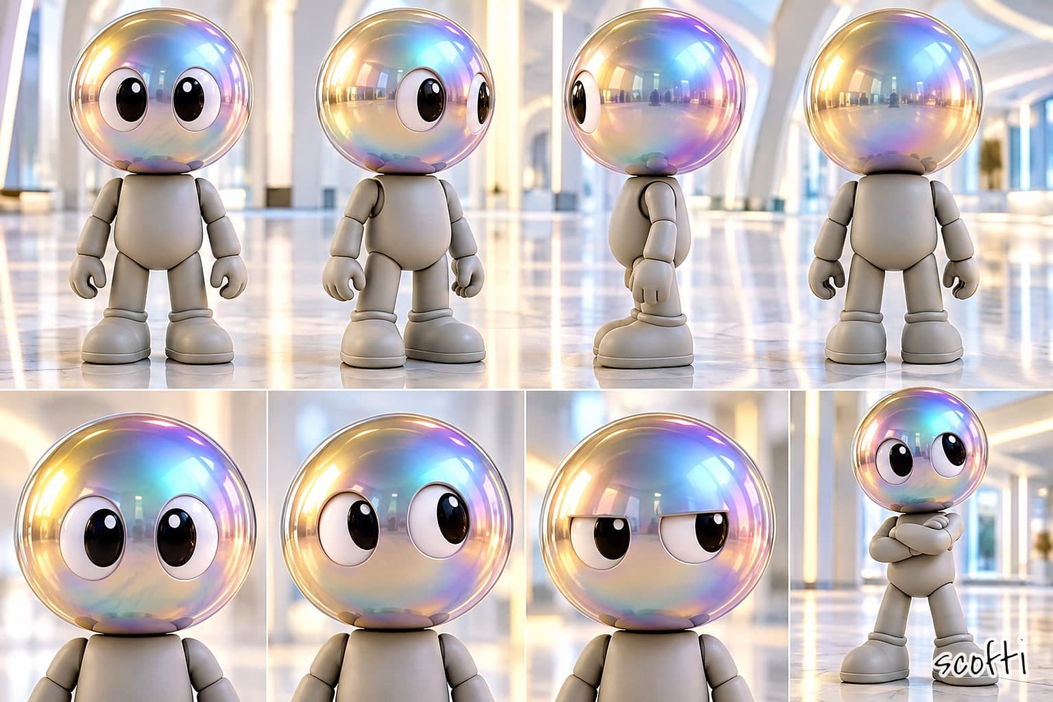 Eight views of Al, a grey toy figure with a large iridescent bubble head and big cartoon eyes, in a bright marble hall. Top row: front, three-quarter, side and back. Bottom row: an attentive head, an amused head, a skeptical head with heavy lids, and Al standing with his arms folded.