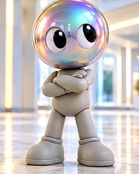 A grey toy figure with a large iridescent bubble head and big cartoon eyes, arms folded.