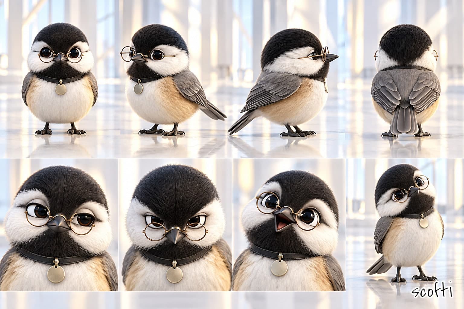 Eight views of Chickadee, a black-capped chickadee in small round wire spectacles, with a collar and a blank metal tag. Top row: front, three-quarter, side and back. Bottom row: a dryly amused head, a disapproving head looking over her spectacles, a delighted head with her beak open, and Chickadee standing still with her head tilted.