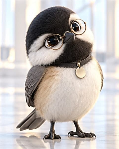 A black-capped chickadee in small round wire spectacles, with a collar and a blank metal tag, head tilted.