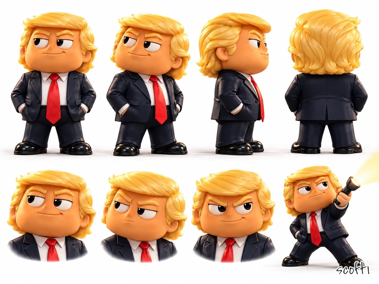 Eight views of Chief, a chunky toy man with swept blond hair, a dark suit, a white shirt and a long red tie. Top row: front and three-quarter with his hands in his pockets, side, and back. Bottom row: three heads with a sly sideways look, a frown and a smirk, and Chief pointing a lit flashlight up and off to one side.