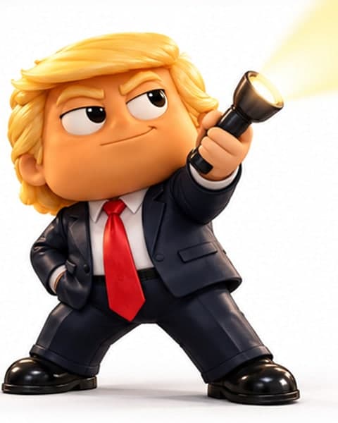 A chunky toy man with swept blond hair, a dark suit and a long red tie, pointing a flashlight up and off to one side with a sly look.