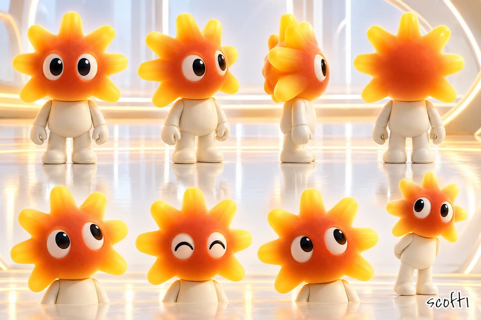 Eight views of Clyde, a cream toy figure with a glowing sunburst head, amber at the tips and deep orange in the middle, with big cartoon eyes. Top row: front, three-quarter, side and back. Bottom row: a curious head, a delighted head with his eyes closed, a thoughtful head, and Clyde standing with one hand behind his back, listening.