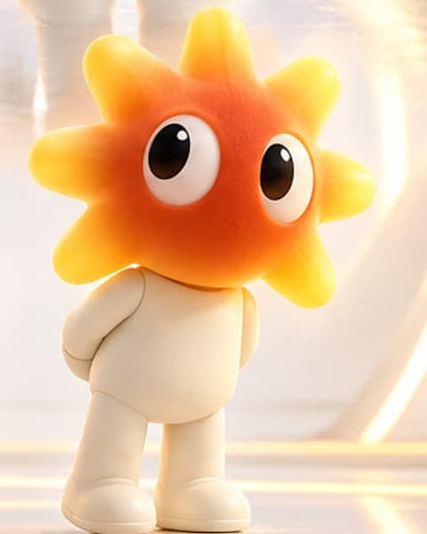 A cream toy figure with a glowing orange and amber sunburst head and big cartoon eyes, one hand behind his back.