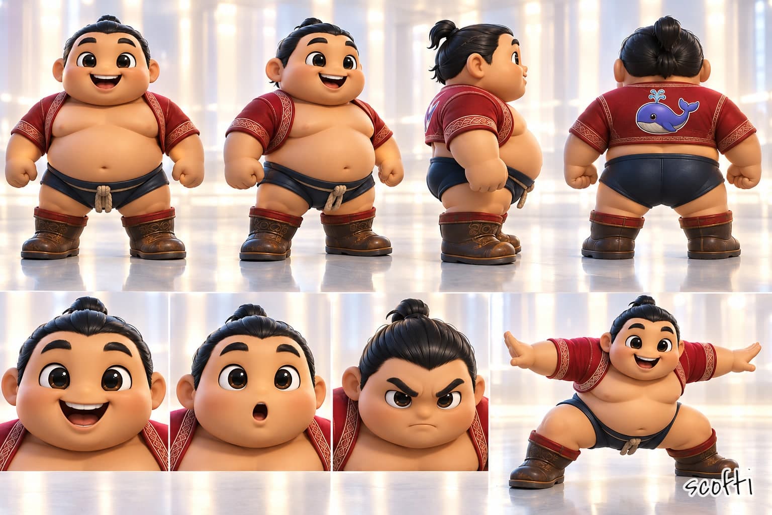 Eight views of DeekDeek, a huge round toy wrestler with a black topknot and a wide grin, in a short open crimson jacket with gold trim, dark trunks and turned-up brown leather boots. Top row: front, three-quarter, side, and back, where a blue whale sits between his shoulders. Bottom row: a delighted head, a surprised head, a concentrating head, and DeekDeek in a wide stance with his arms spread like wings.