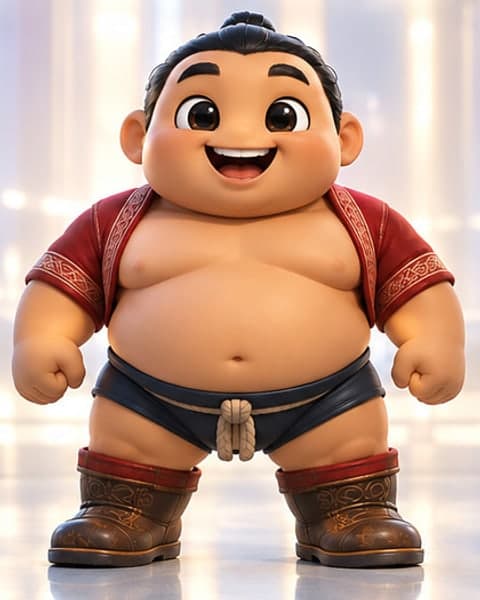 A huge grinning toy wrestler with a topknot, in a short crimson jacket with gold trim, dark trunks and turned-up leather boots.