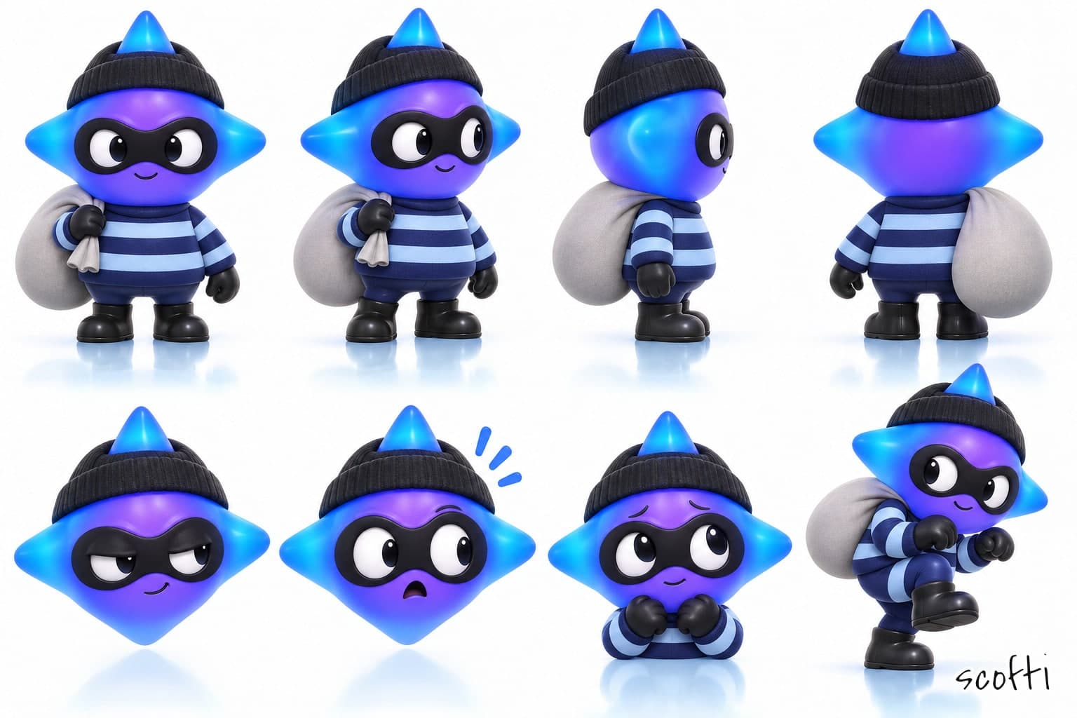 Eight views of Gem, a toy with a glowing blue-violet four-pointed star for a head, in a black beanie, a black domino mask, a navy and pale-blue striped jersey, black gloves and boots, carrying a grey sack. Top row: front, three-quarter, side and back. Bottom row: a smug head, an alarmed head, an innocent head with his hands clasped, and Gem tiptoeing with the sack over his shoulder.