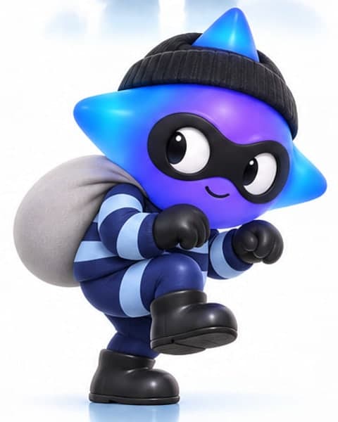 A glowing blue-violet star-headed toy in a black beanie, domino mask and striped jersey, tiptoeing with a sack over his shoulder.