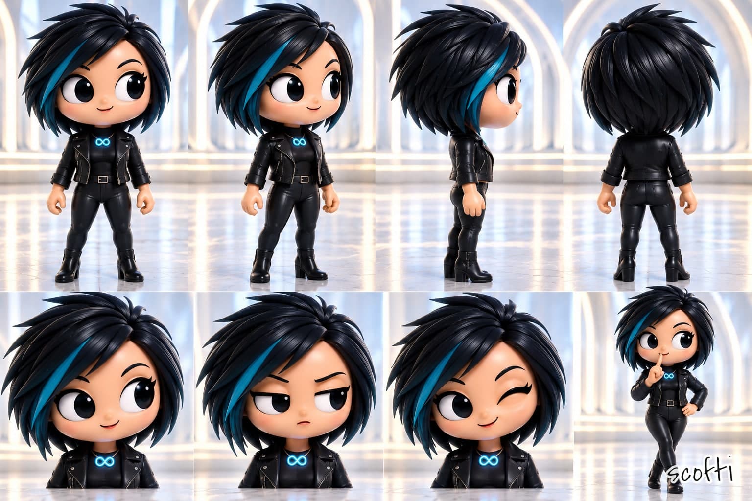 Eight views of Metis, a toy woman with a spiky black bob and a teal streak, in a black leather jacket over a top with a glowing cyan infinity sign, black trousers and heeled black boots. Top row: front, three-quarter, side and back. Bottom row: a smiling head, a suspicious head, a winking head, and Metis standing with one finger to her lips and a hand on her hip.