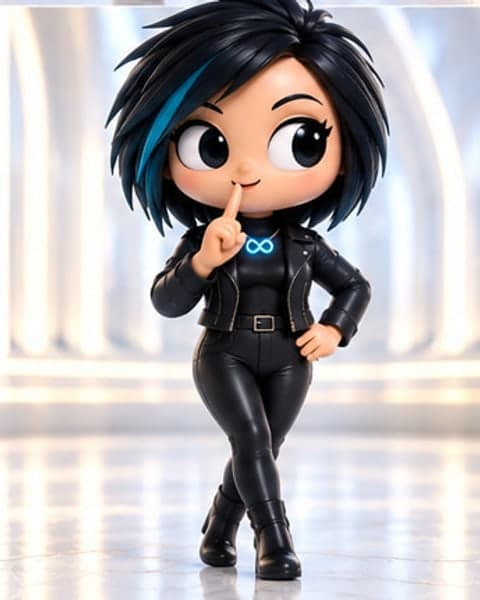 A toy woman with a spiky black bob and a teal streak, in a black leather jacket with a glowing cyan infinity sign, one finger to her lips.