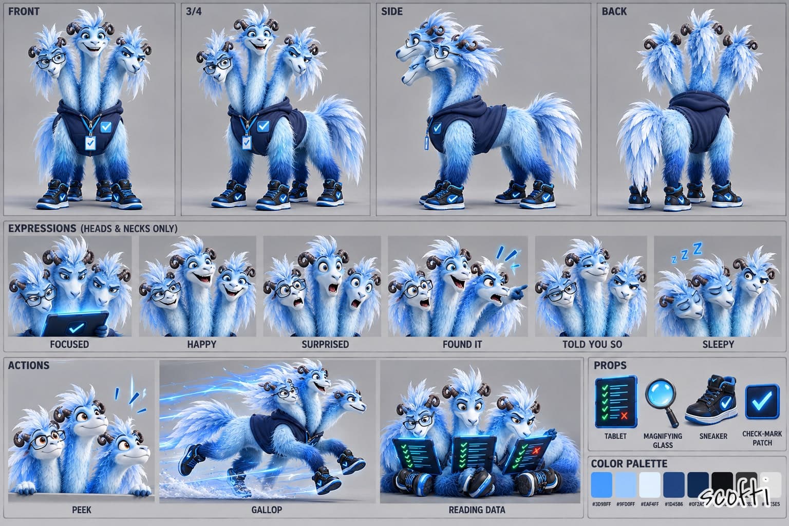 A labelled sheet for Multibeast, a shaggy blue creature with three long necks and three horned heads, the left one in glasses, in a navy hoodie vest with a check-mark badge and blue-and-black sneakers. Top row: front, three-quarter, side and back. Middle row, heads only: focused, happy, surprised, found it, told you so, sleepy. Bottom row: peeking, galloping and reading data on three tablets, then props (a tablet, a magnifying glass, a sneaker and the check-mark patch) and a colour palette.
