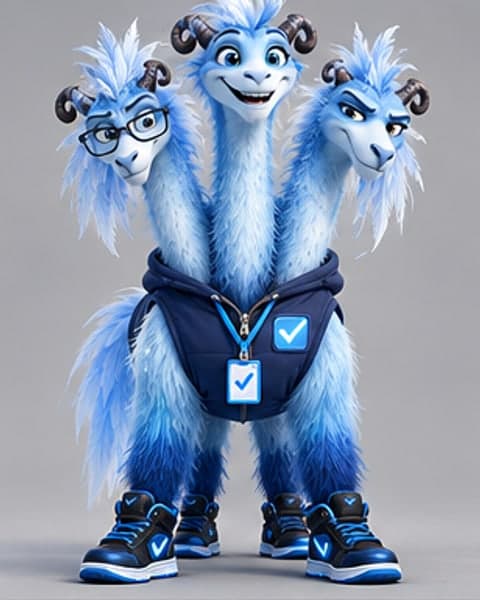 A shaggy pale-blue creature with three long necks and three horned heads, one in glasses, wearing a navy hoodie vest with a check-mark badge and blue-and-black sneakers.