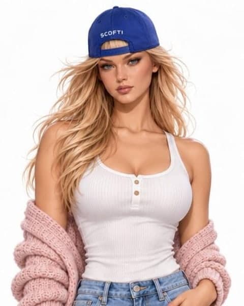 A woman with long wavy blond hair under a backwards blue baseball cap that says SCOFTI, in a white ribbed tank and a pink knit cardigan off her shoulders.