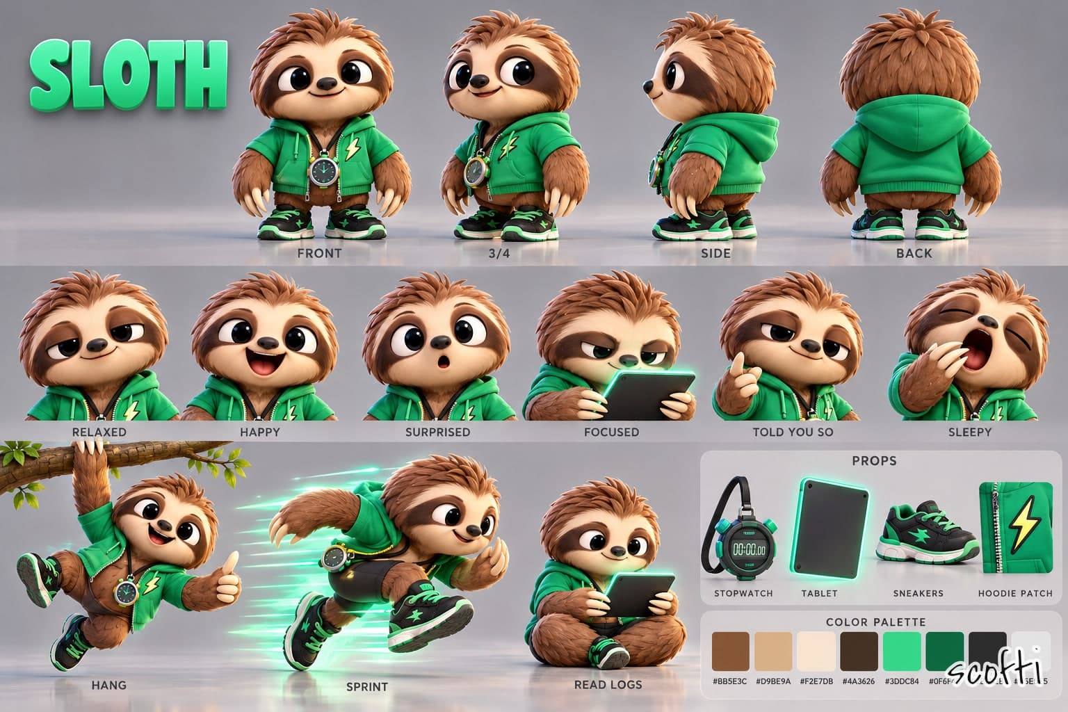 A labelled sheet for Sloth, a cartoon sloth with brown fur and dark eye patches, in a green zip hoodie with a lightning-bolt patch, a stopwatch on a cord and black-and-green sneakers. Top row: front, three-quarter, side and back. Middle row, heads: relaxed, happy, surprised, focused on a tablet, told you so, sleepy. Bottom row: hanging from a branch, sprinting, and sitting reading logs on a tablet, then props (stopwatch, tablet, sneakers, hoodie patch) and a colour palette.