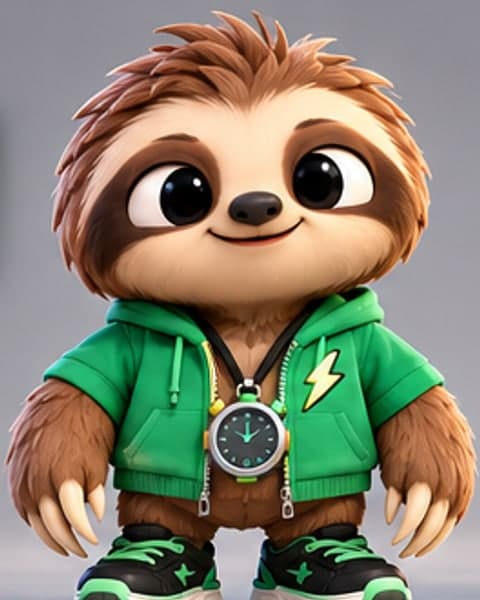 A cartoon sloth in a green zip hoodie with a lightning-bolt patch, a stopwatch on a cord and black-and-green sneakers, smiling.