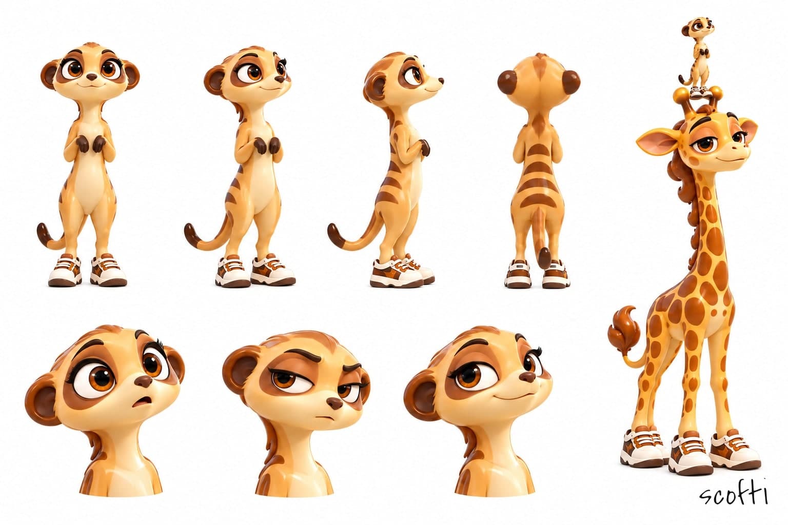 Eight views of Suri, a meerkat with sandy fur, brown stripes across her back, dark eye patches and a dark-tipped tail, in brown-and-white sneakers. Top row: front, three-quarter, side and back, standing bolt upright with her paws at her chest. Bottom row: an alarmed head, a suspicious head and a told-you-so head, and Suri standing lookout on top of the head of Qilin, a tall giraffe.