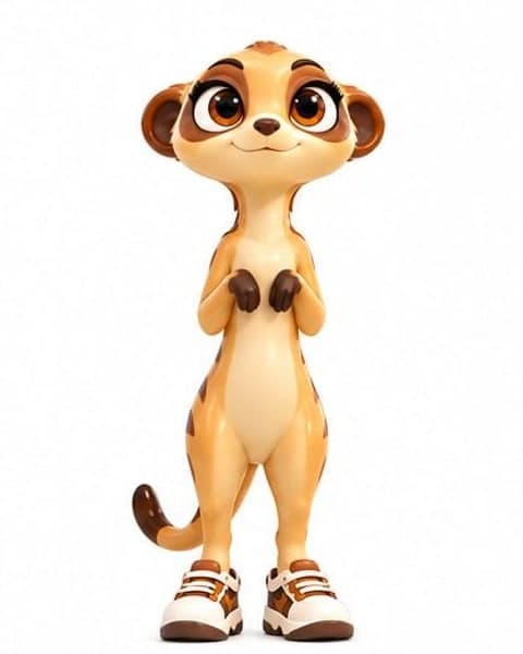 A meerkat with sandy fur, brown stripes and dark eye patches, standing bolt upright with her paws at her chest, in brown-and-white sneakers.