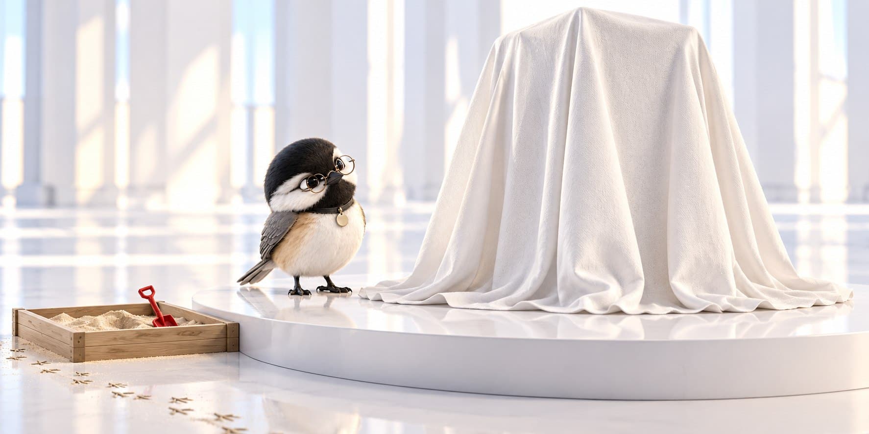 A small round black-capped chickadee in round wire spectacles, with a blank metal disc on her collar, stands on a white stage in a bright white hall, looking up at a tall object hidden under a white dust sheet. At the stage's edge sits a wooden sandbox with a red toy spade, and a trail of tiny bird tracks leads out of it across the floor.