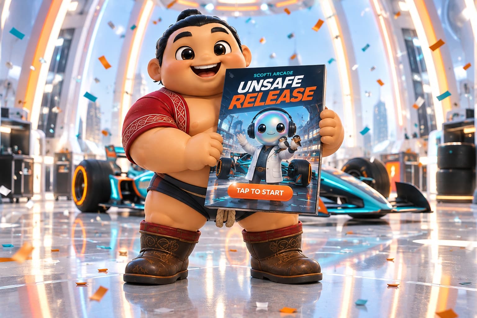 A huge toy wrestler with a topknot, in a red embroidered jacket and ornate brown boots, grins as he holds up a boxed game titled Unsafe Release, its cover showing a waving figure with an iridescent globe head in a headset and a Tap to Start button. Confetti falls around him in a bright garage with a teal and orange race car behind.