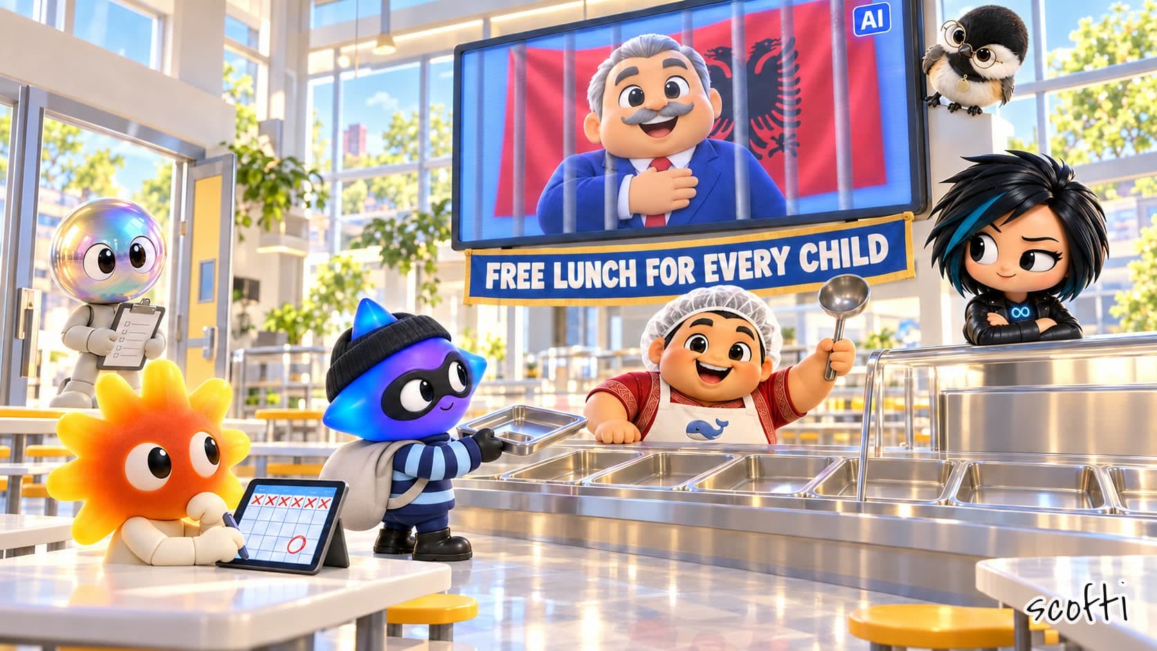 Cartoon toys in a school lunchroom. A smiling mayor on a big TV, behind bars, under a sign that says "FREE LUNCH FOR EVERY CHILD". The lunch trays below are empty.
