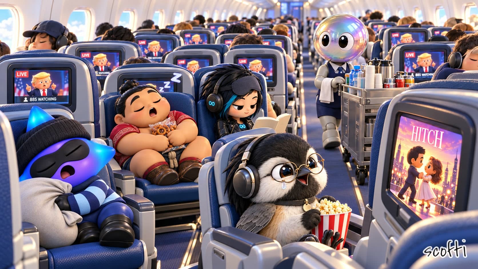 A packed airplane cabin in glossy toy style. Every seatback screen shows a small cartoon Trump at a podium with a red LIVE tag and "885 WATCHING". Nobody is looking: a blue-violet star in a beanie and mask sleeps hugging a grey sack, a huge wrestler snores in his seat clutching a bag of pretzels, and a punk woman with a teal streak reads a book in headphones. An iridescent bubble-headed flight attendant pushes a drinks cart down the aisle. In front, a chickadee in spectacles and headphones holds a bucket of popcorn, a tear of joy on her cheek, staring at the one different screen: "HITCH", a couple dancing on a rooftop at sunset.