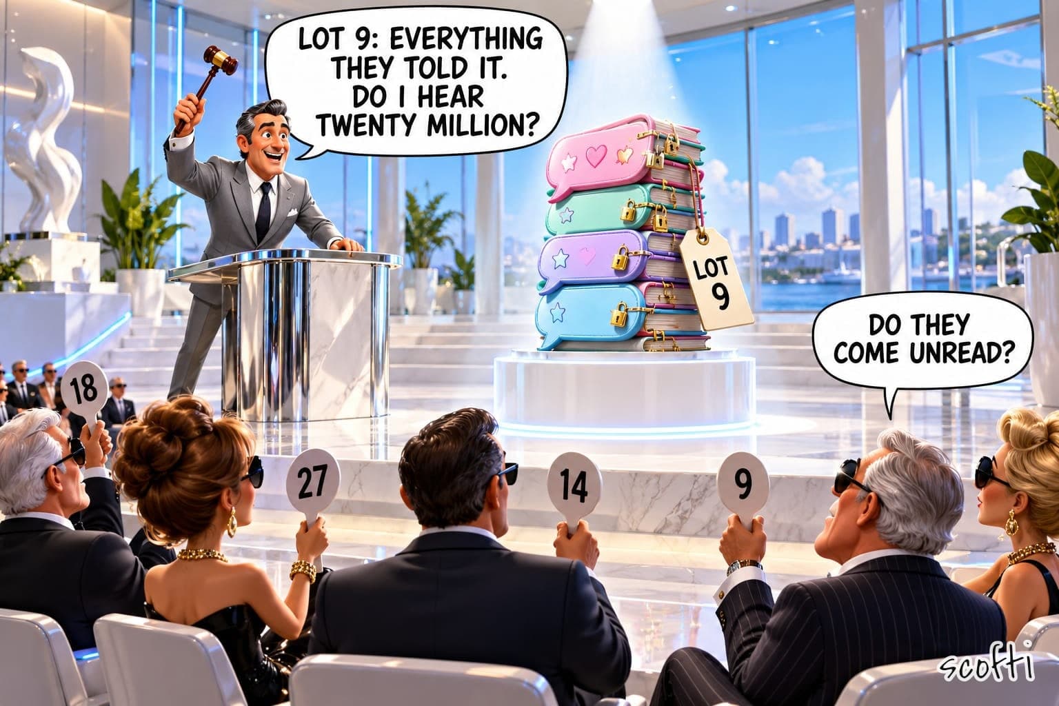 A bright auction hall with glass walls. On stage, an auctioneer in a grey suit raises his gavel and says, "Lot 9: everything they told it. Do I hear twenty million?" Beside him, on a lit stand, is a stack of pastel diaries shaped like chat bubbles, each with a little gold padlock and a tag that says Lot 9. Rich bidders in sunglasses hold up numbered paddles, and one in the front row asks, "Do they come unread?"