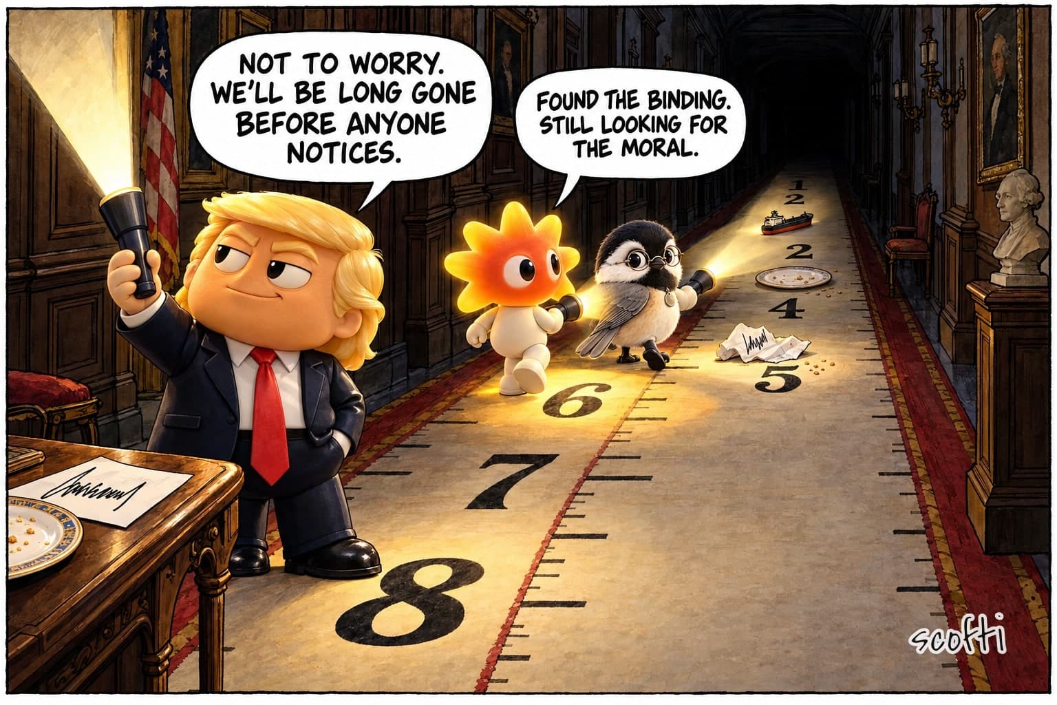 In a dark, wood-panelled White House corridor, a toy figure of Donald Trump stands by a desk with a signed paper and an empty plate, pointing a flashlight at the ceiling and saying "Not to worry. We'll be long gone before anyone notices." Behind him a giant number line painted on the floor counts down into the dark, and a toy with a glowing amber sunburst head and a chickadee in round spectacles search along it with flashlights, past a crumpled signed paper, a plate of crumbs and a toy oil tanker. The sunburst-headed toy says "Found the binding. Still looking for the moral."