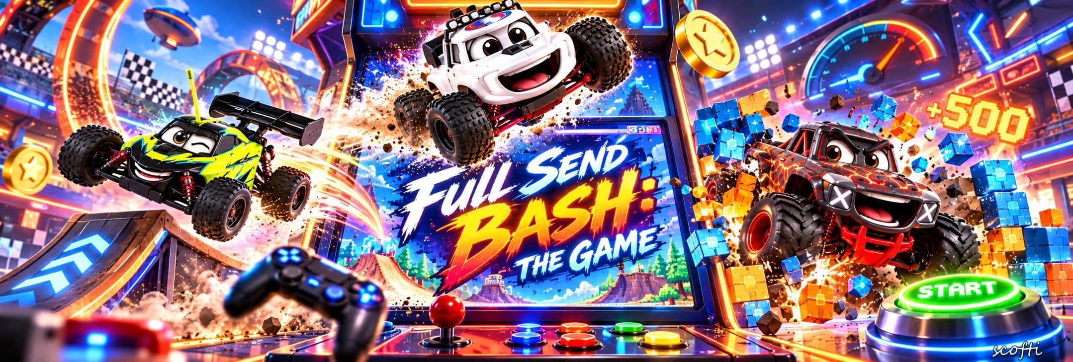 Three RC trucks with cartoon faces fly around an arcade machine whose screen reads FULL SEND BASH: THE GAME. A white truck jumps over the top of the screen, a black and yellow buggy with a big wing leaps off a ramp on the left, and a black and red truck smashes through blue and orange blocks on the right next to a green START button and a +500. Gold coins, a game controller, checkered flags and neon loops fill the background.