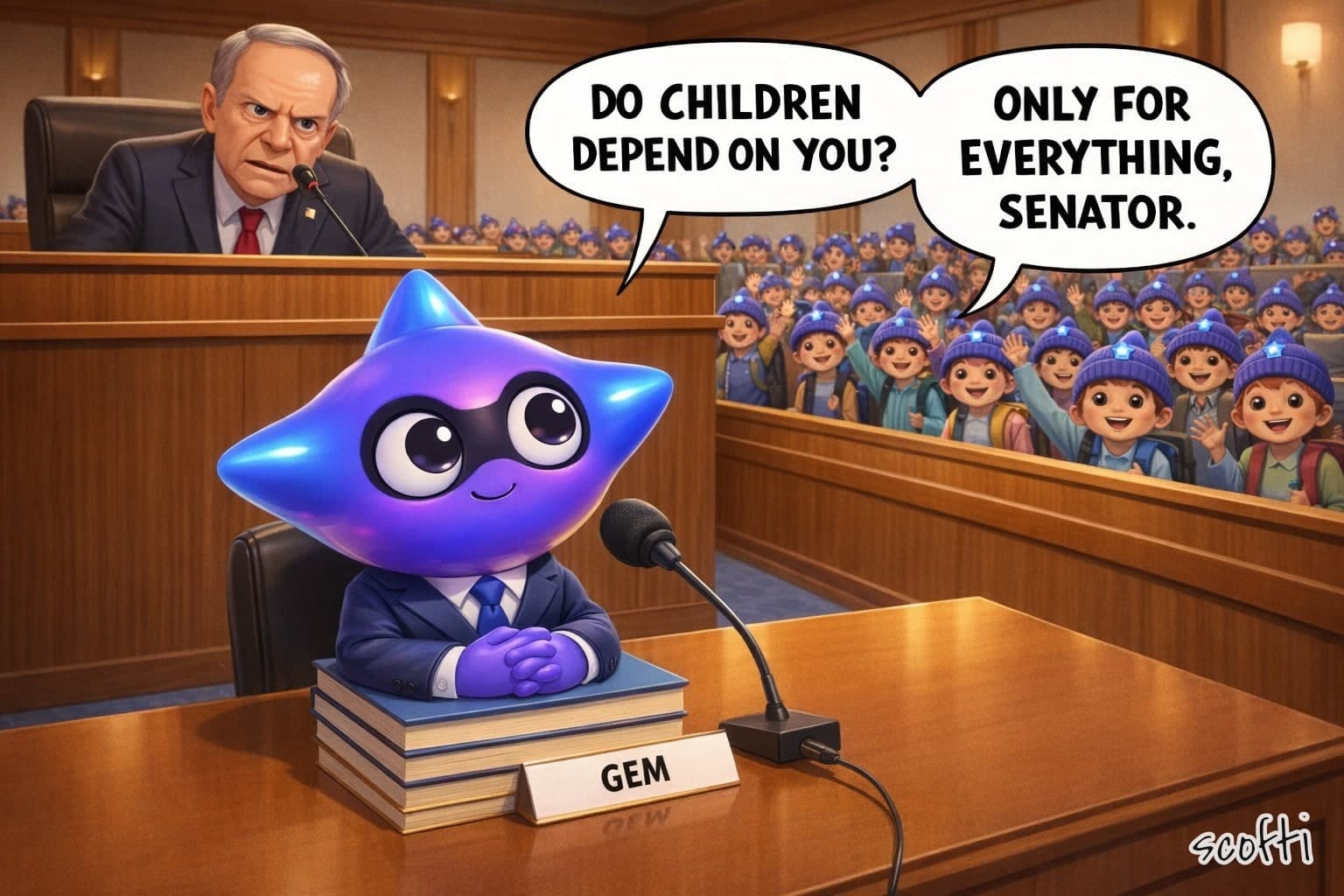 A Senate hearing room. Gem, a small toy figure with a glowing blue and violet star for a head and a black eye mask, wears a little navy suit and sits on a stack of books at the witness table behind a GEM nameplate. A stern senator up on the dais asks, "Do children depend on you?" Gem answers, "Only for everything, senator." Behind him the gallery is packed with waving schoolchildren, every one in a knit beanie with a blue star on it.