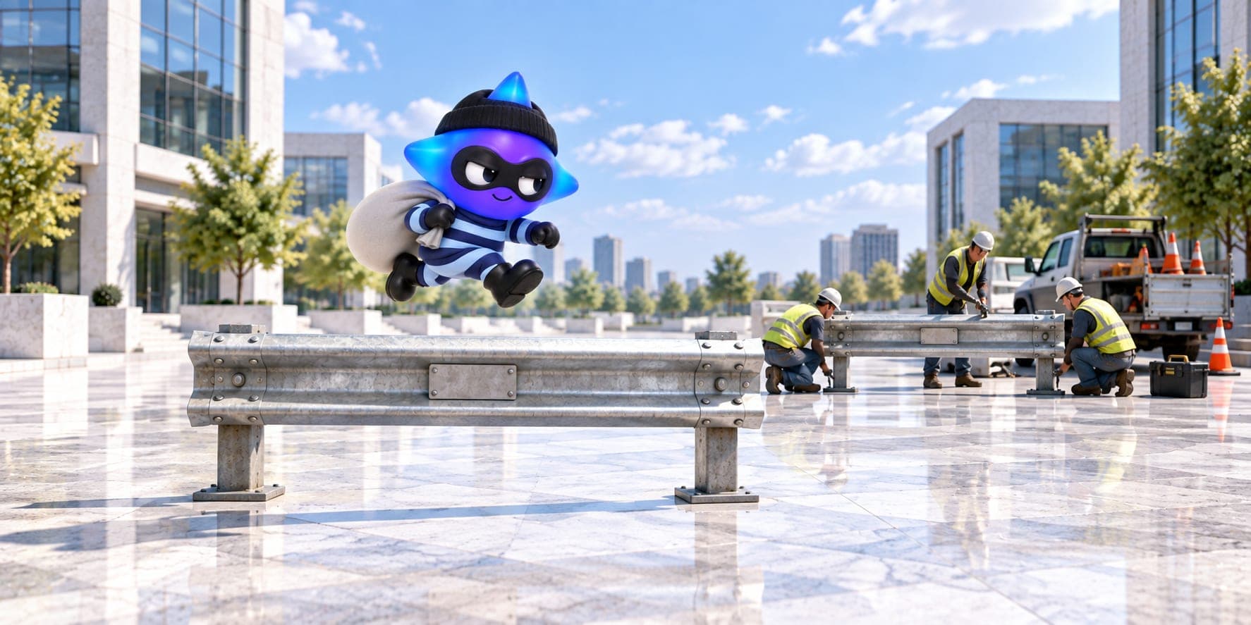 A small glossy figure with a glowing blue and violet four-pointed star for a head, in a black beanie, eye mask and navy striped jersey, leaps over a single waist-high section of metal highway guardrail standing alone in a bright marble plaza, a grey sack over one shoulder. There is open ground on both sides of it. Behind, three workers in hard hats and high-visibility vests are bolting an identical second section of guardrail into the plaza beside a truck and traffic cones.