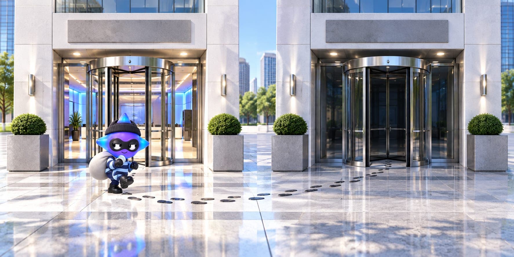 A small glossy figure with a glowing blue and violet four-pointed star for a head, wearing a black beanie, a black eye mask and a navy striped jersey, tiptoes out of the revolving door of a bright white office building carrying a grey sack. An identical office building stands beside it, unlit, with the same blank grey plaque above its entrance. A trail of small footprints runs across the paving between the two doors.