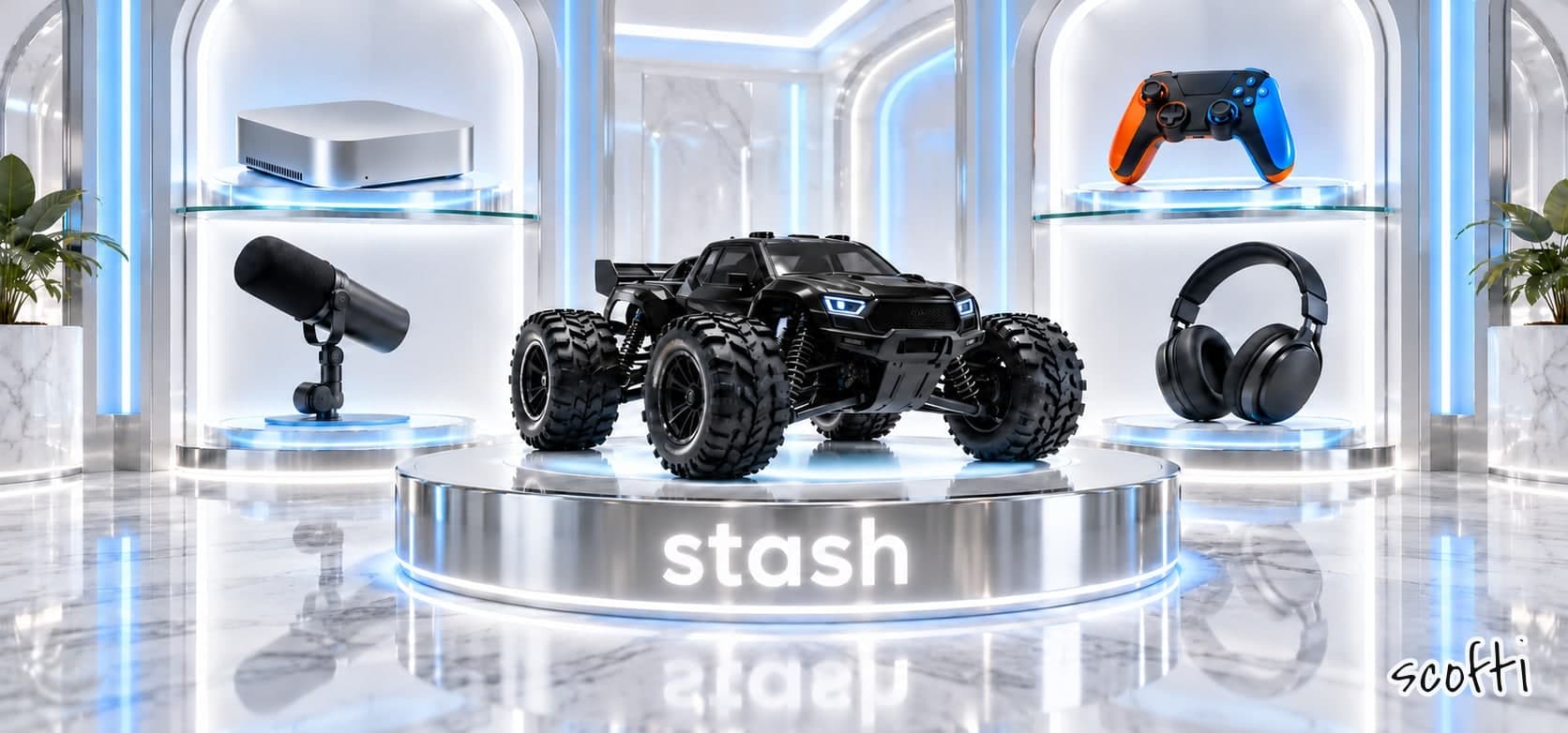 A bright white showroom with a marble floor and blue lights. A big black RC monster truck sits on a round silver stand with the word stash on its front. Glass shelves on each side hold a small silver desktop computer, a black microphone, an orange and blue game controller, and black headphones.