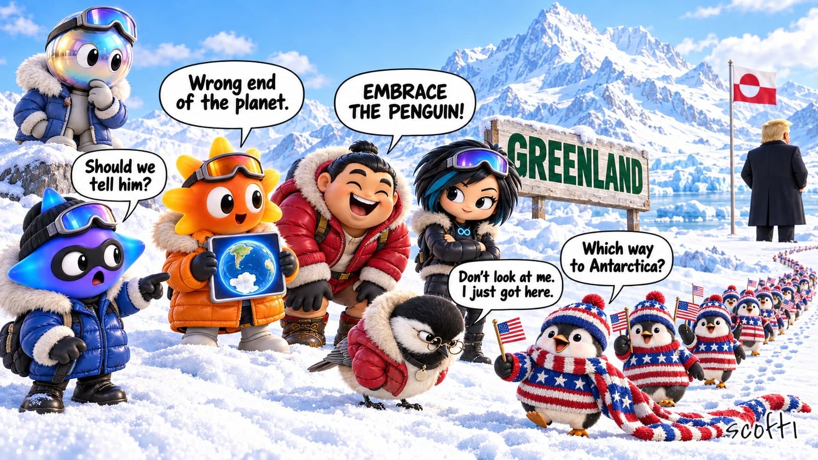 Toy figures in puffer parkas and goggles on a sunlit Greenland snowfield beneath jagged white mountains. A blue-violet star in a beanie and mask points, asking "Should we tell him?"; an amber sunburst holds up a tablet showing a globe, saying "Wrong end of the planet."; a huge laughing wrestler shouts "EMBRACE THE PENGUIN!"; a punk woman with a teal streak folds her arms; a chickadee in spectacles peers at the nearest penguin and says "Don't look at me. I just got here." An iridescent bubble-headed figure watches from a rock above. Beside them a long line of penguins in stars-and-stripes sweaters and bobble hats waves small American flags, the first trailing an enormous scarf and asking "Which way to Antarctica?" A wooden sign reads GREENLAND, and far off by a Greenlandic flag a toy Trump in a dark overcoat stands with his back turned.