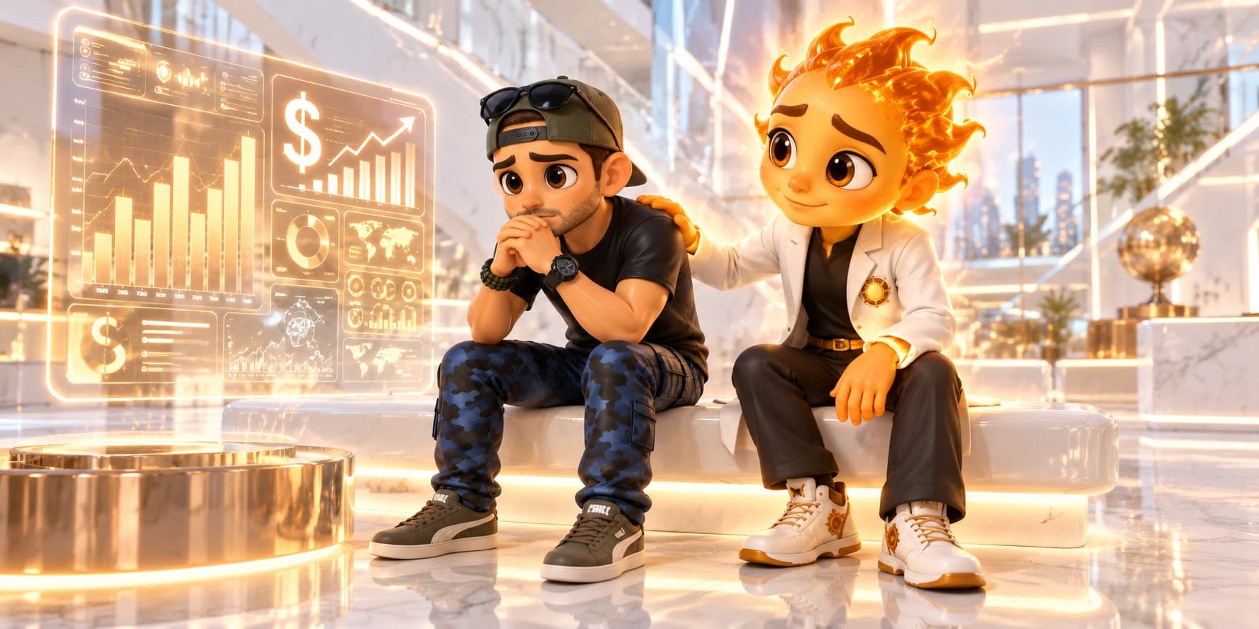 A man with brown buzzed hair and stubble, in a backwards olive-green cap with sunglasses pushed up on it, a black t-shirt, blue-and-black camo pants and grey Puma sneakers, sits hunched on a white marble bench with his hands clasped at his chin, looking worried at a glowing amber holographic dashboard of bar charts and dollar signs. Beside him a figure with a flame-orange sunburst head, in a white coat with a sun badge, rests a hand on his shoulder and smiles gently.