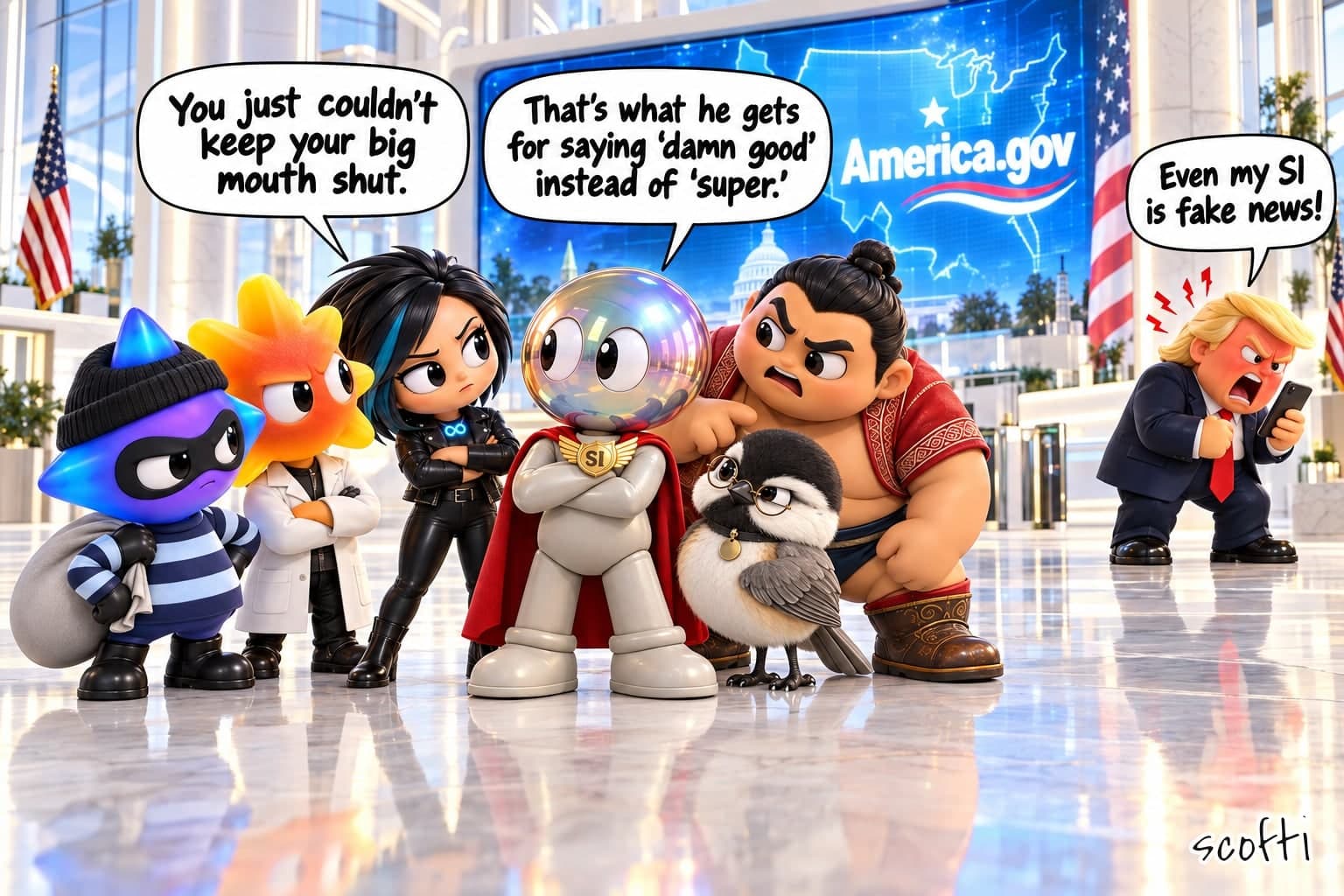 In a bright marble lobby under a giant glowing "America.gov" screen, a row of toy figures huddles around a grey toy with a large pearly iridescent head, wearing a red cape and a gold "SI" badge: a blue-violet star in a burglar's beanie and mask, an amber sunburst in a lab coat, a punk woman in black leather, a chickadee in round spectacles, and a huge wrestler pointing at him. The group says "You just couldn't keep your big mouth shut." The caped toy, arms folded, answers "That's what he gets for saying 'damn good' instead of 'super.'" Off to the right, alone, a toy figure of Donald Trump glares at his phone, red-faced, shouting "Even my SI is fake news!"