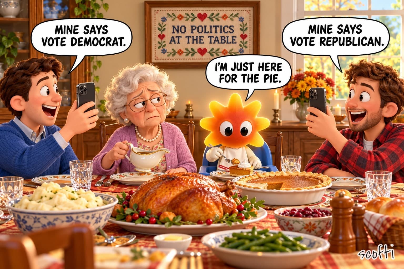 A family Sunday dinner. Two brothers hold up their phones. One says, "Mine says vote Democrat." The other says, "Mine says vote Republican." Grandma, holding the gravy, looks tired. Between them, Clyde, a small toy figure with a glowing orange sunburst for a head, eats pie and says, "I'm just here for the pie." On the wall, a stitched sign reads "No politics at the table."