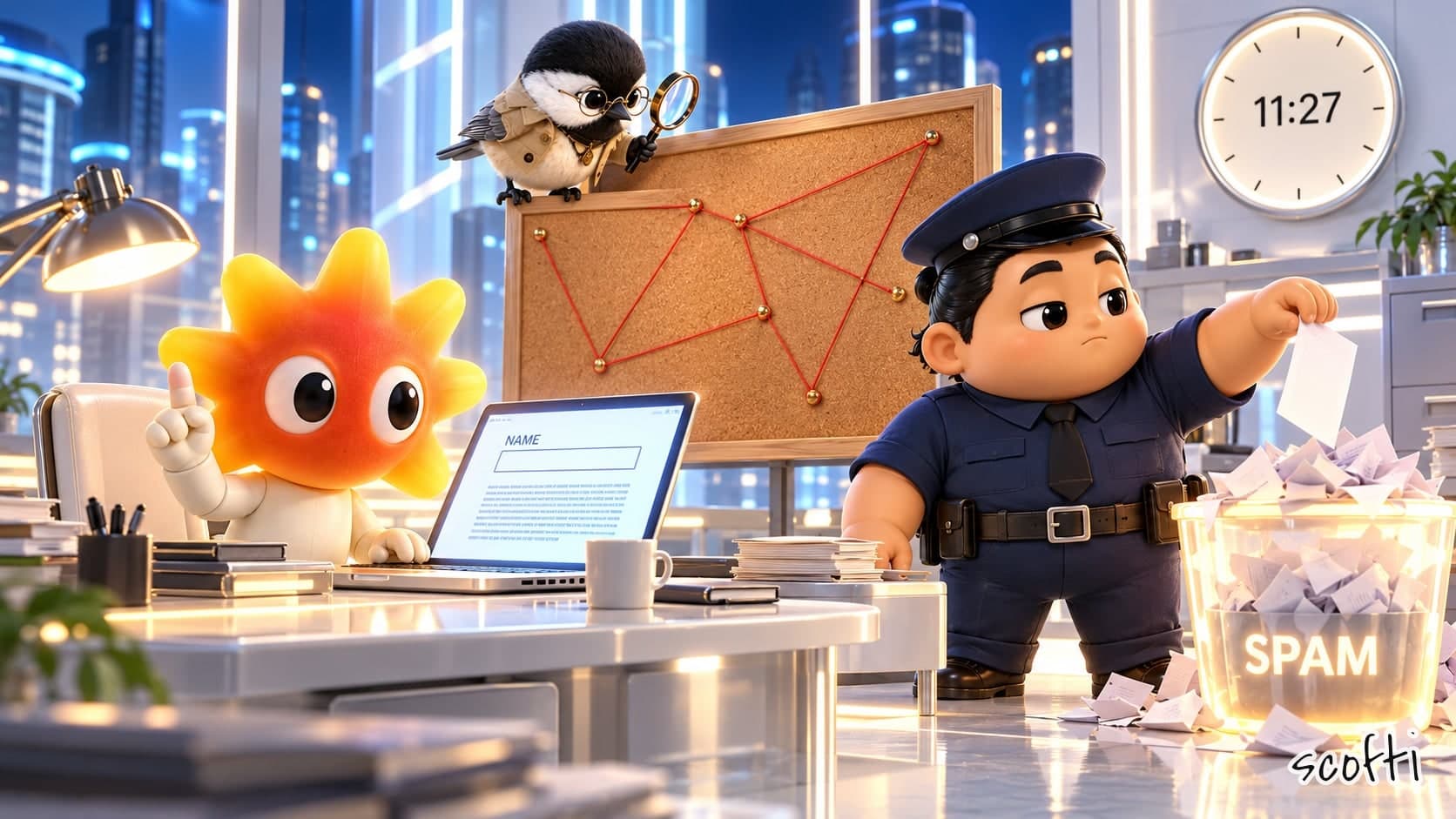Cartoon toys in a police office at night. Clyde types a tip on a laptop, one finger raised. A police officer drops a sheet of paper into a full bin marked SPAM. A bird with a magnifying glass looks at an empty corkboard. The clock says 11:27.