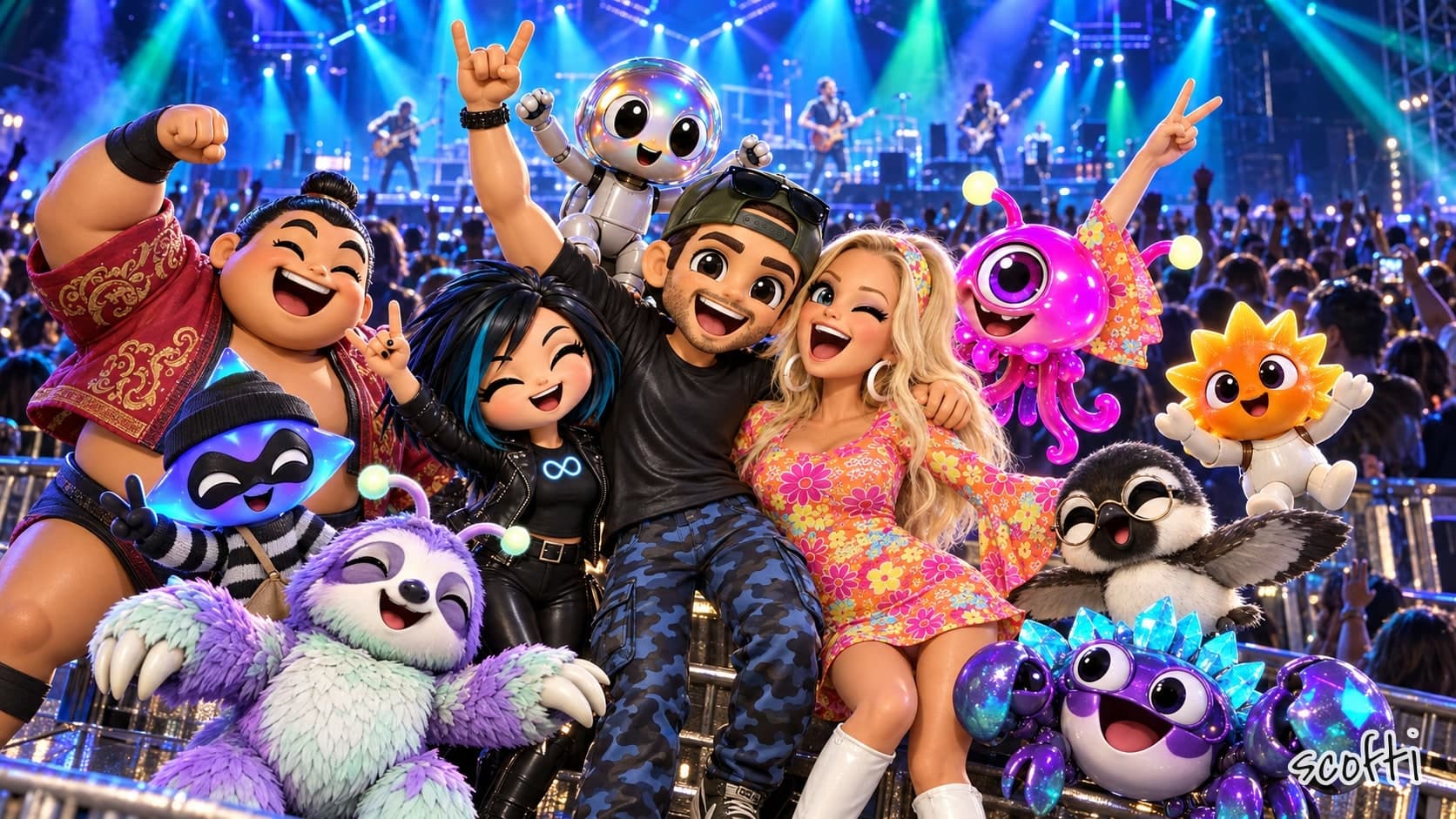 A crowd of animated characters packed against the rail at an arena concert, the band on a blue-and-green-lit stage behind them. In the middle, a man in a backwards olive cap with sunglasses on it, a black t-shirt and camo pants throws up a rock hand, his arm around a laughing blonde woman in a floral dress and white boots. Around them: a big smiling wrestler with a topknot, a blue star-headed figure in a beanie and bandit mask, a woman with a black-and-teal bob and a glowing infinity on her shirt, a fluffy purple sloth, a small robot with a bubble head riding on the man's shoulders, a pink one-eyed jellyfish, an orange sunburst-headed figure, a chickadee in round glasses, and a purple crab with crystal spikes.