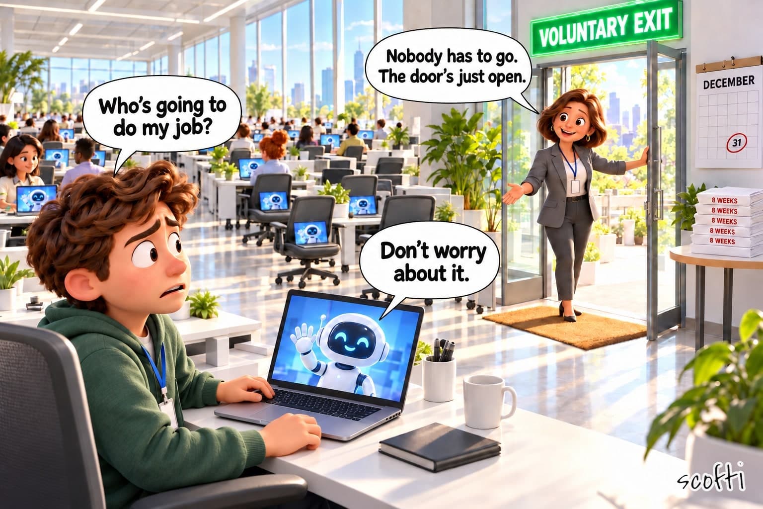 A bright, sunny open-plan office with rows of desks, and on every laptop screen a little white robot waves. At the front, a worried young man in a green hoodie and lanyard sits at his laptop and asks, "Who's going to do my job?" The robot on his screen waves and says, "Don't worry about it." At the back, under a glowing green sign that says VOLUNTARY EXIT, a smiling woman in a grey suit holds a glass door open over a welcome mat and says, "Nobody has to go. The door's just open." Next to her is a stack of envelopes marked 8 WEEKS and a December calendar with the 31 circled in red. Down the rows, some chairs have no one in them, just a laptop with a waving robot.