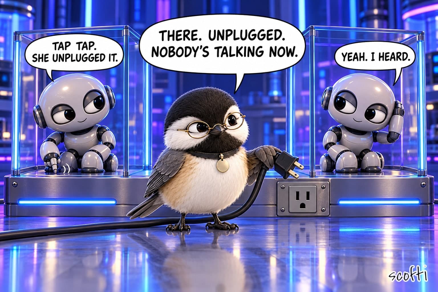 Chickadee, a small bird in round glasses, holds a plug she has just pulled from the wall and says, "There. Unplugged. Nobody's talking now." On each side of her sits a little robot alone in a glass box. The left one taps on the shared metal base: "Tap tap. She unplugged it." The right one has its ear to the glass: "Yeah. I heard."