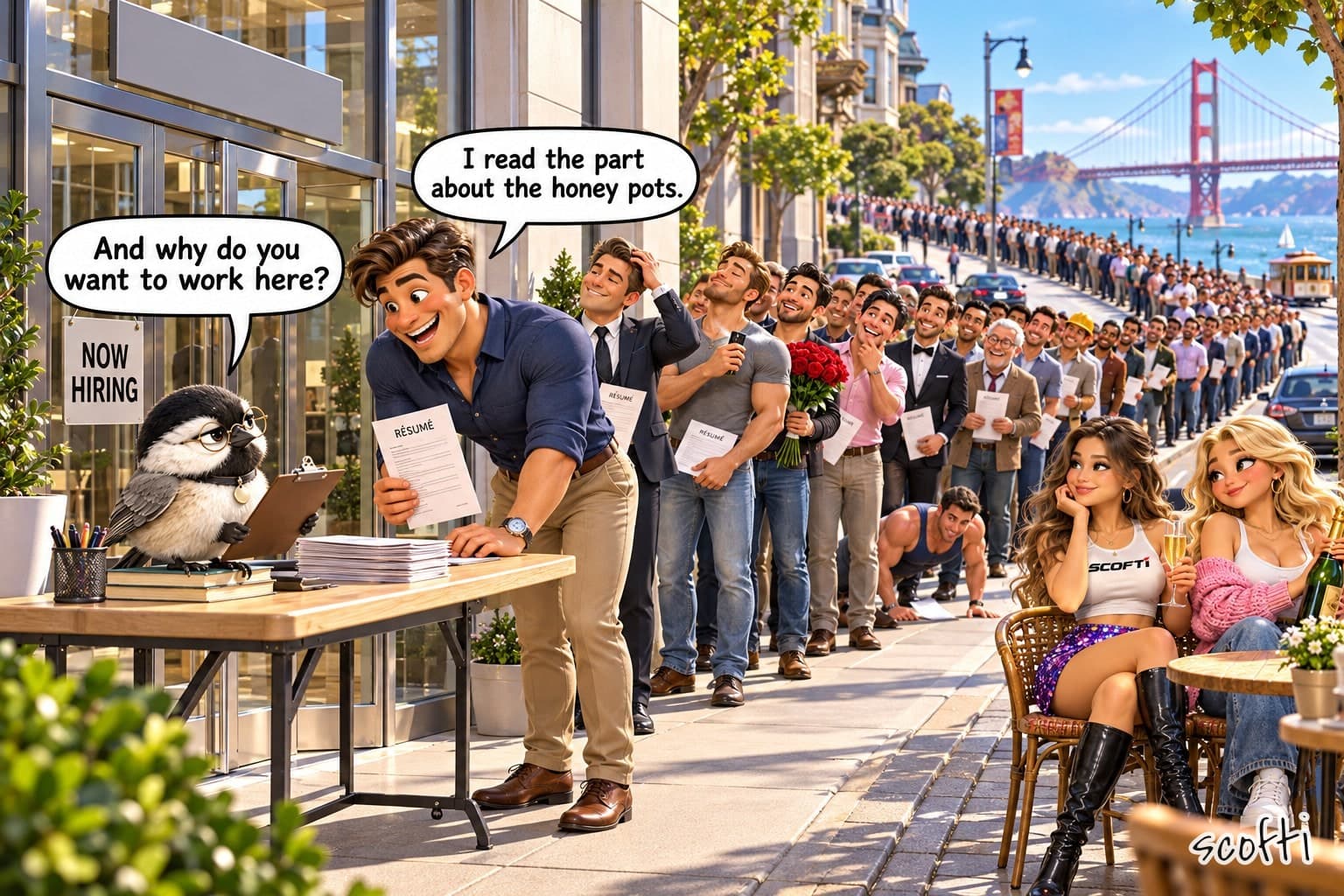 A sunny San Francisco street with the Golden Gate Bridge in the distance. Outside the glass doors of a sleek office with a NOW HIRING sign, a chickadee in round wire spectacles sits on a stack of books at a desk with a clipboard and asks, "And why do you want to work here?" A grinning man leaning on the desk with his resume says, "I read the part about the honey pots." Behind him a line of eager men stretches down the block and all the way to the bay: one fixing his hair, one holding red roses, one in a tuxedo, an old man in a cardigan, one doing push-ups, all holding resumes. Across the sidewalk at a cafe table, a woman with long brown hair in a white SCOFTI crop top and sequin skirt and a blond woman in a pink cardigan holding Champagne watch the line and smile.