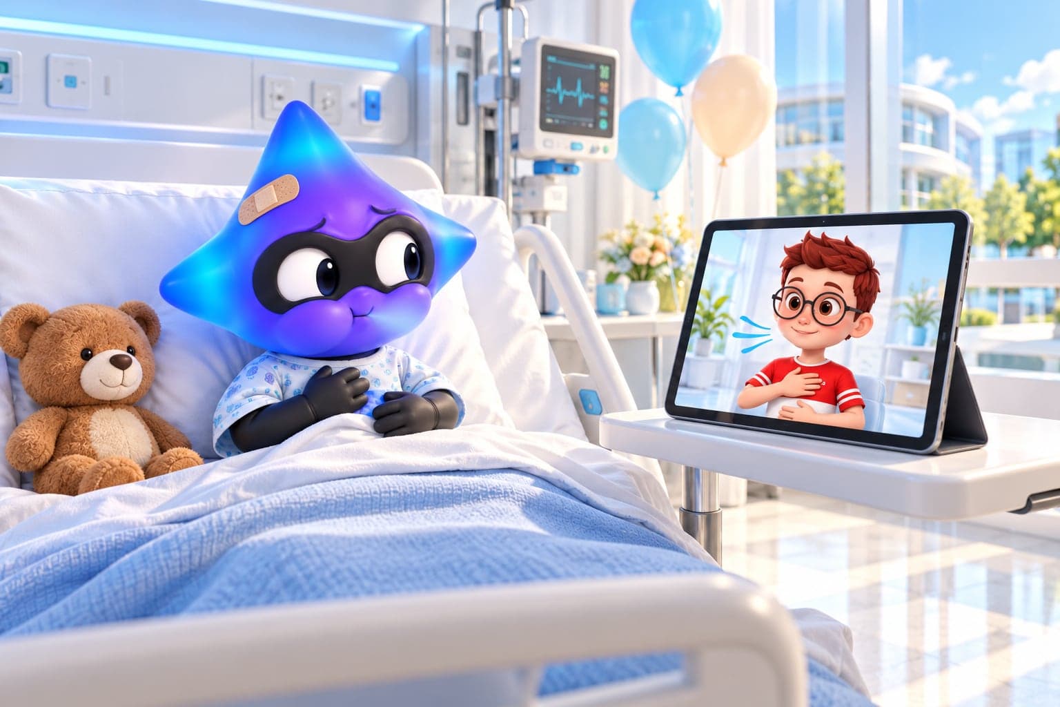 In a bright hospital room, a small figure with a glowing blue-violet four-pointed star head, a black domino mask and a plaster on one point sits up in bed in a patient gown beside a teddy bear, hands on its chest, cheeks puffed, taking a slow breath. On a tablet on the bedside table, a cartoon boy with spiky auburn hair, round black glasses and a red-and-white shirt smiles and shows it how, one hand on his chest. Pastel balloons and a window full of daylight behind.